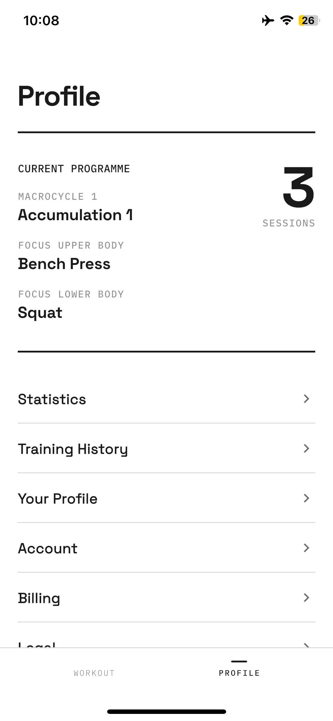 Profile — your programme, focus lifts, training history
